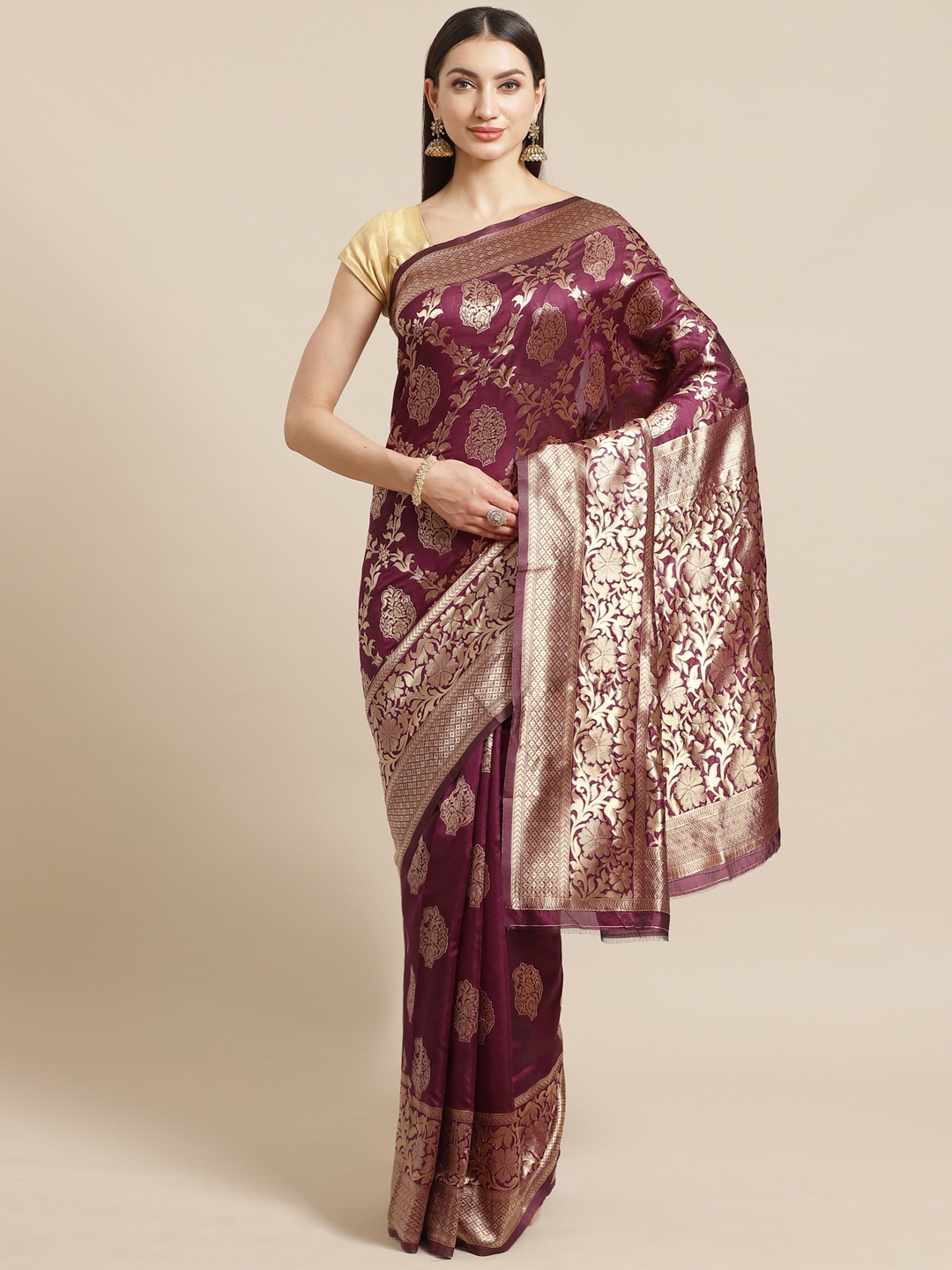 

Mitera Burgundy & Golden Woven Design Banarasi Saree