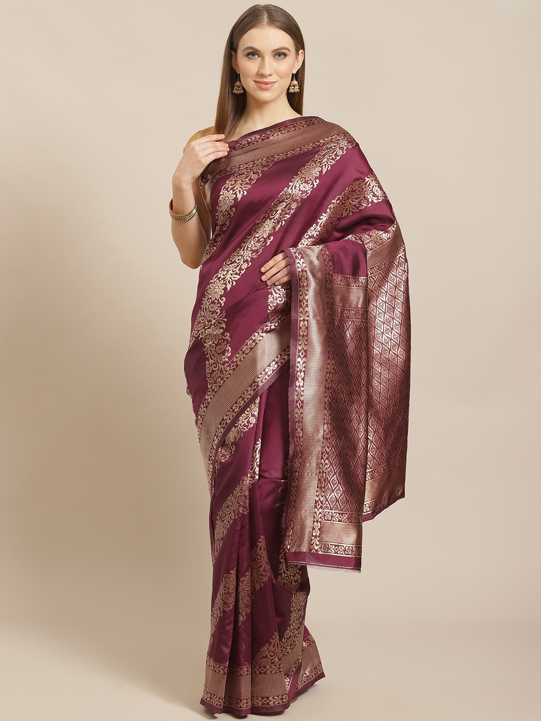 

Mitera Burgundy & Golden Silk Blend Woven Design Kanjeevaram Saree