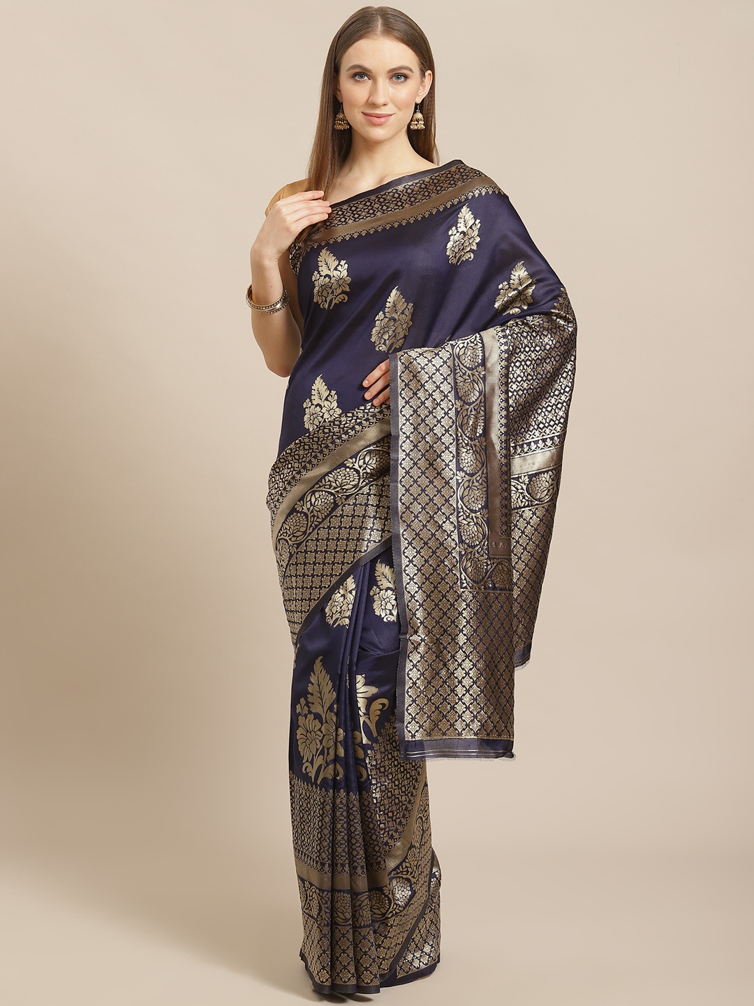 

Mitera Navy Blue & Golden Silk Blend Ethnic Motifs Woven Design Banarasi Saree