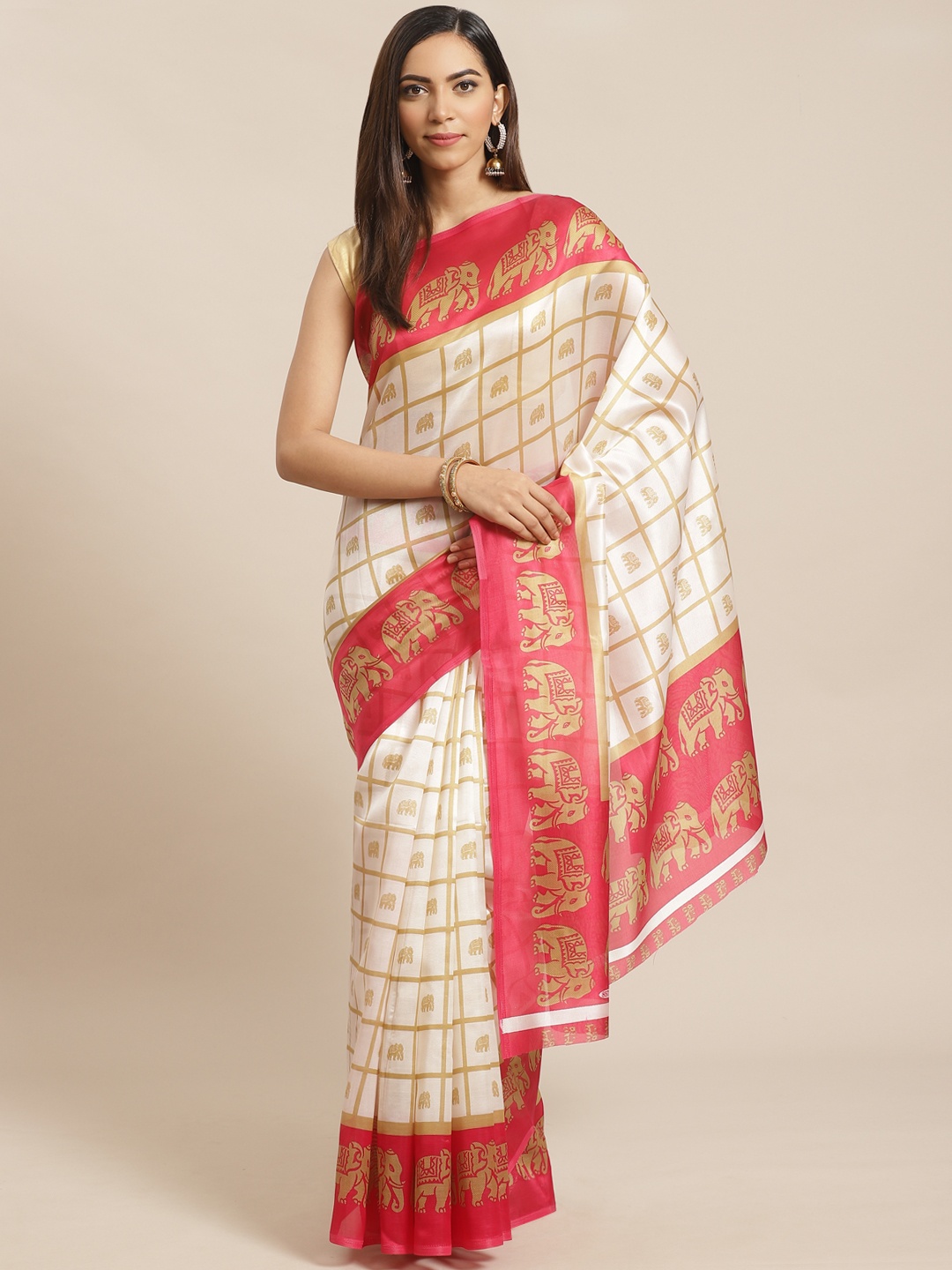 

KALINI White & Golden Checked Mysore Silk Saree