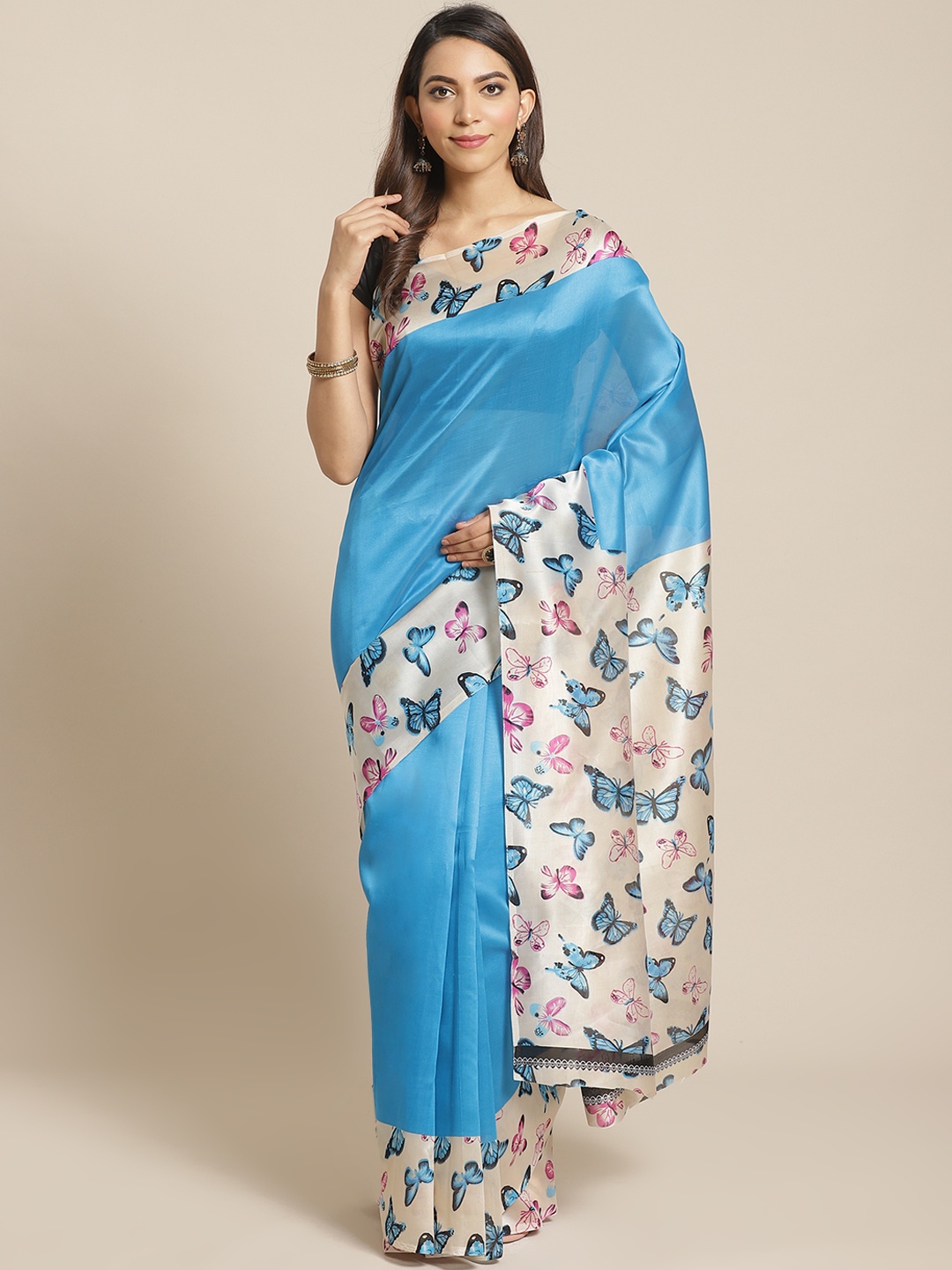 

KALINI Blue & Off-White Solid Saree