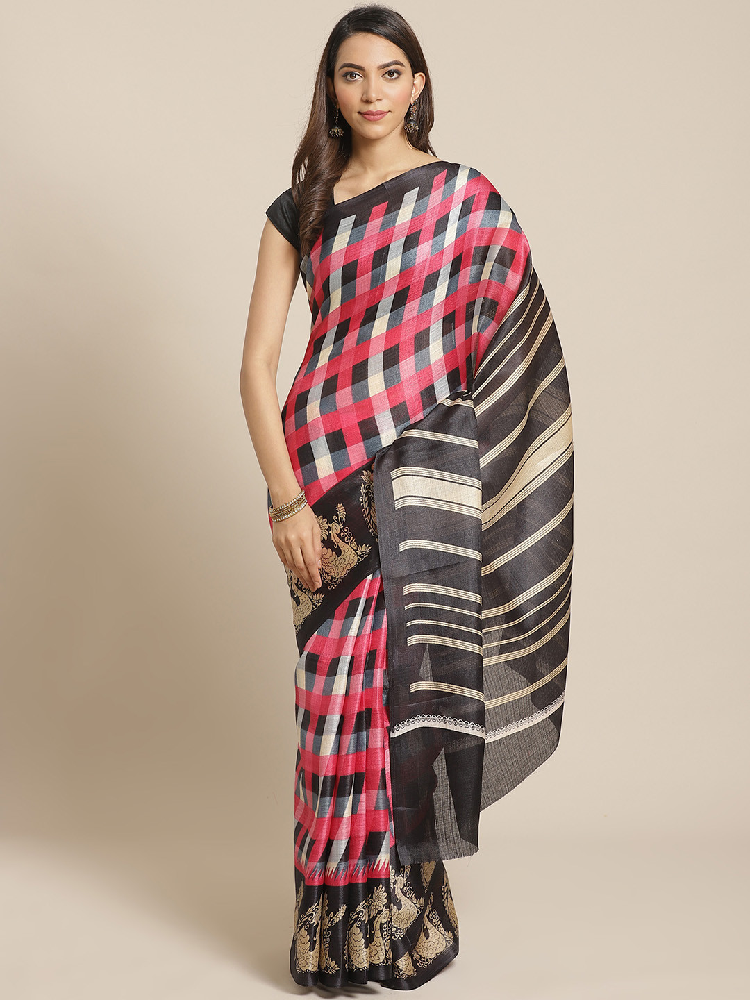 

KALINI Black & Pink Checked Saree