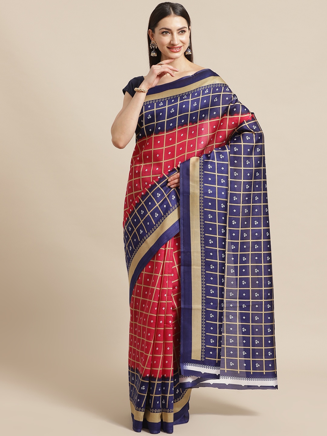 

KALINI Blue & Magenta Checked Mysore Silk Saree