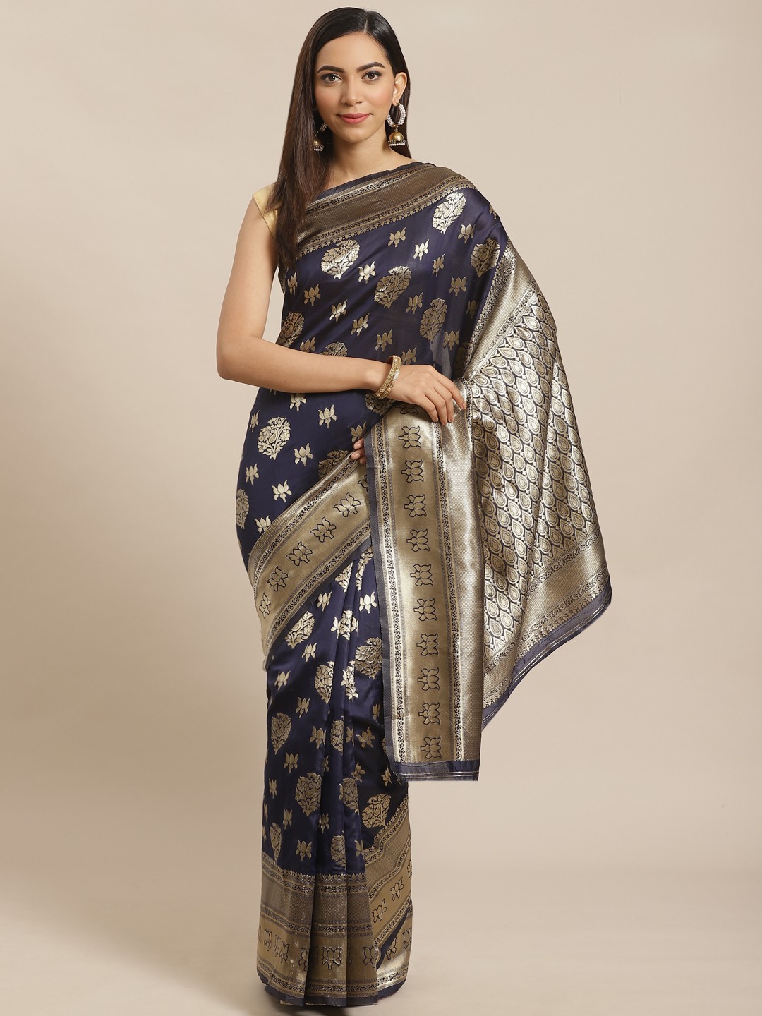 

Mitera Navy Blue & Golden Woven Design Banarasi Saree