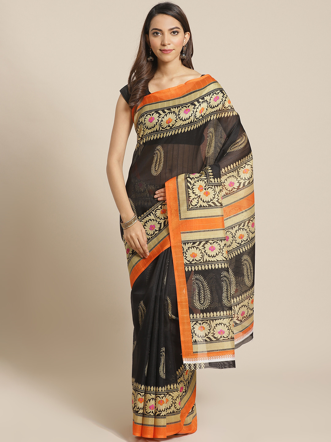 

KALINI Black & Beige Poly Silk Ethnic Motifs Print Saree
