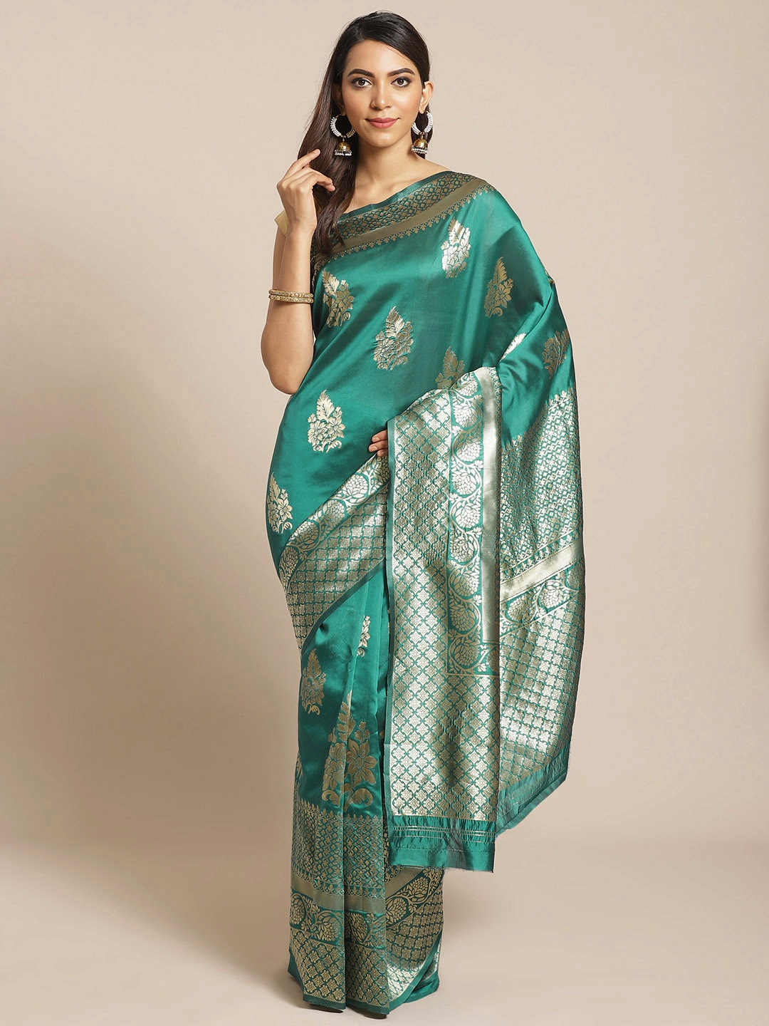

Mitera Teal Green & Golden Woven Design Kanjeevaram Saree