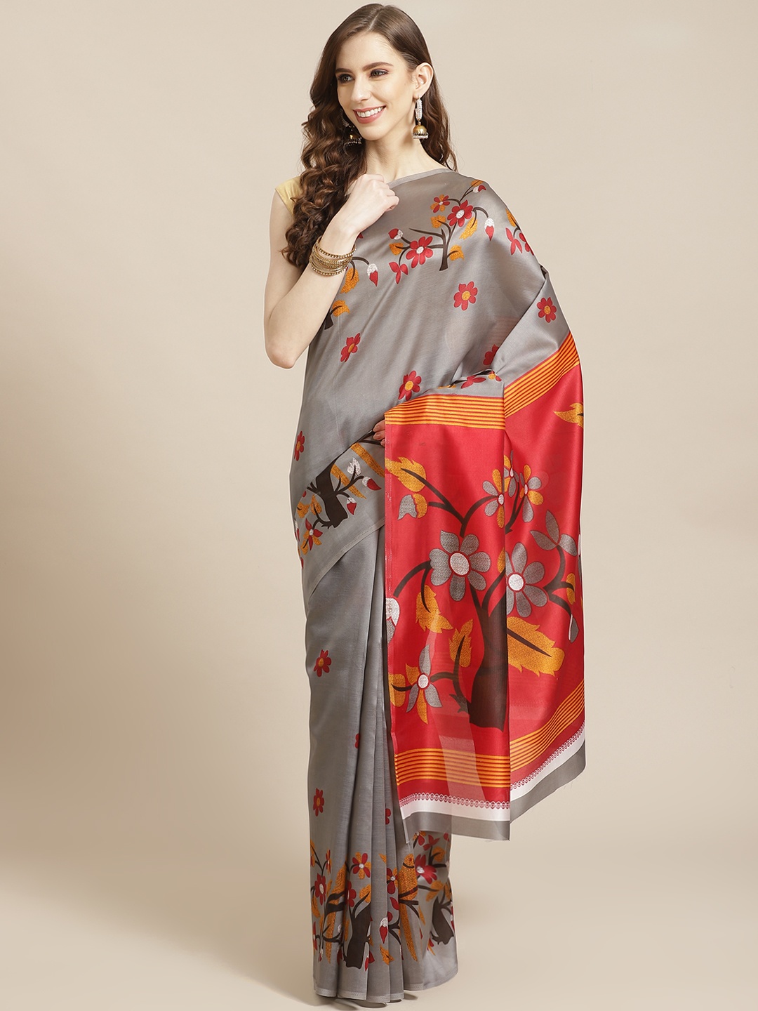 

KALINI Blue & Beige Printed Mysore Silk Saree