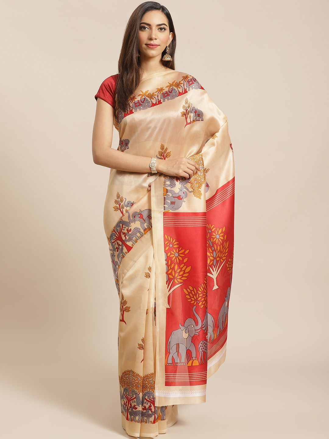 

KALINI Beige & Red Printed Saree