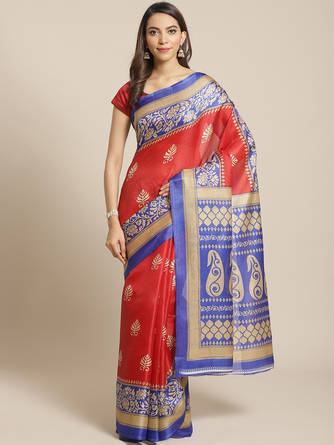 

KALINI Red & Blue Khadi Printed Saree