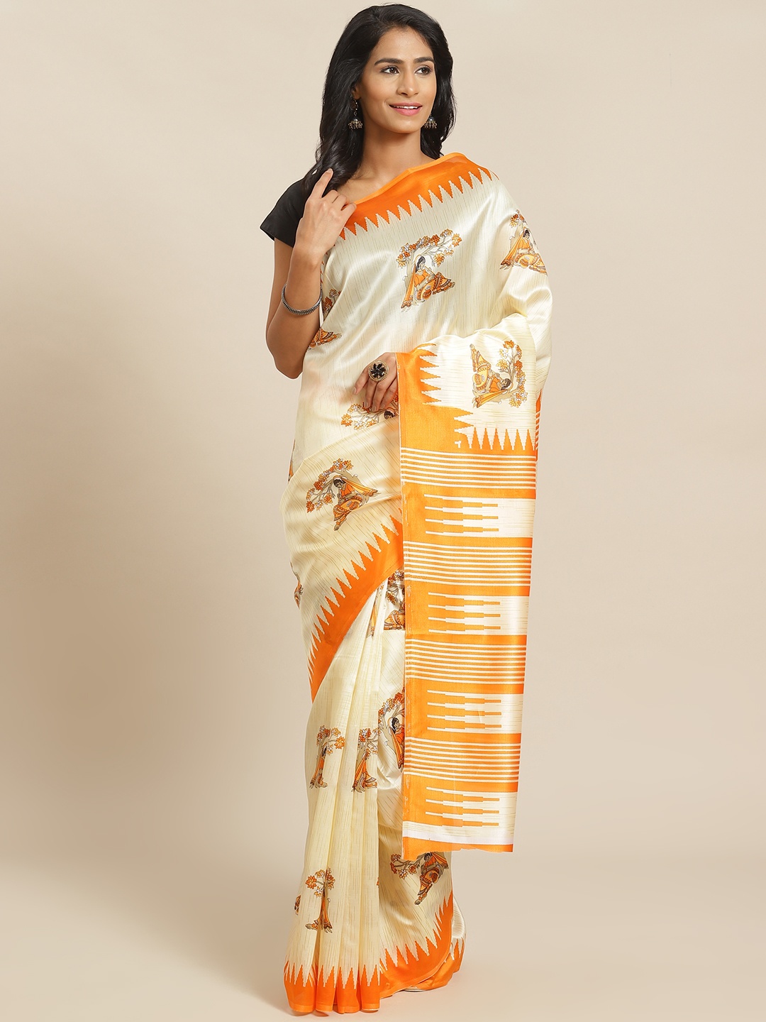 

KALINI Cream-Coloured & Yellow Printed Saree