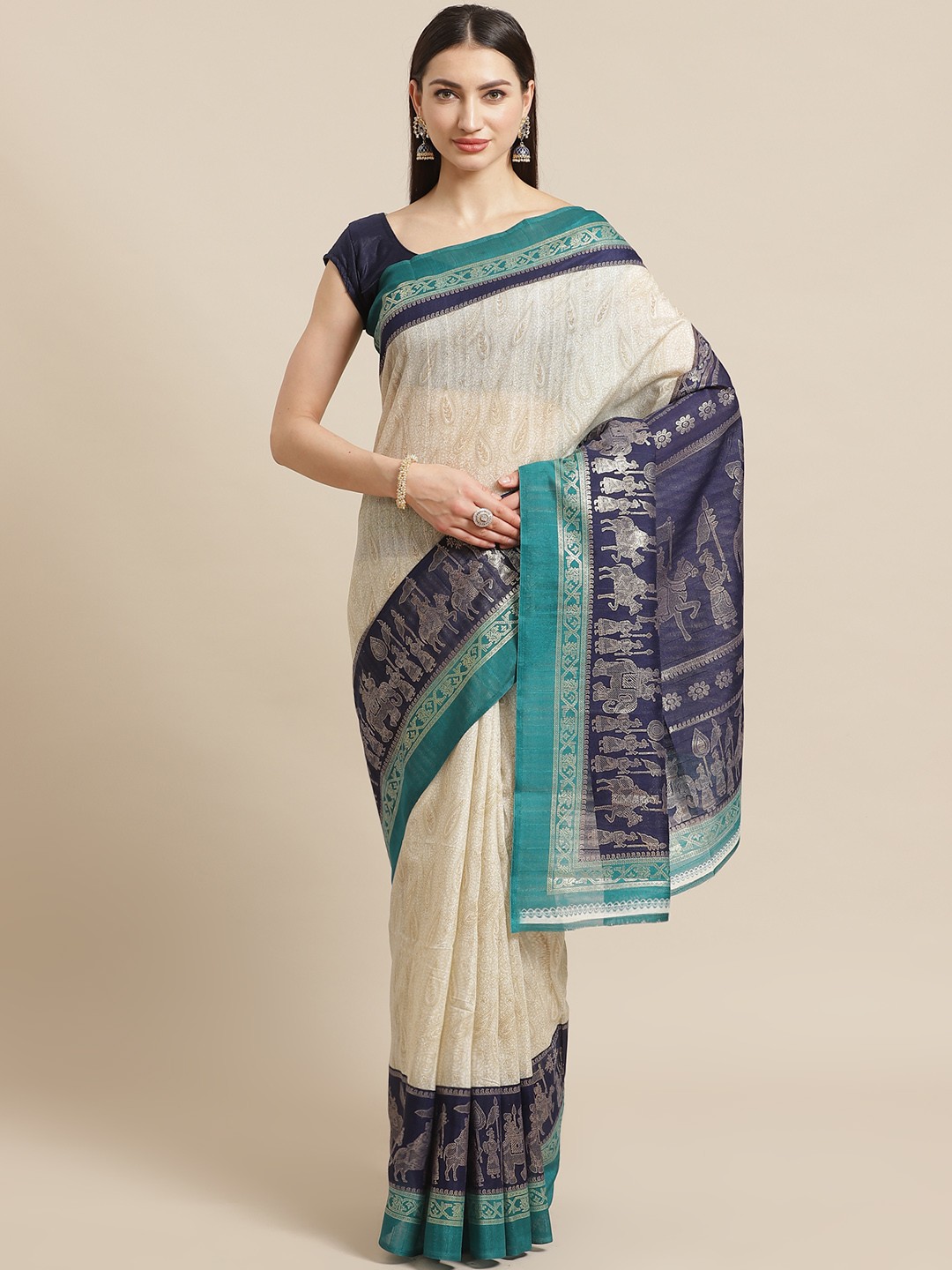 

KALINI Off-White & Blue Foil Print Printed Saree