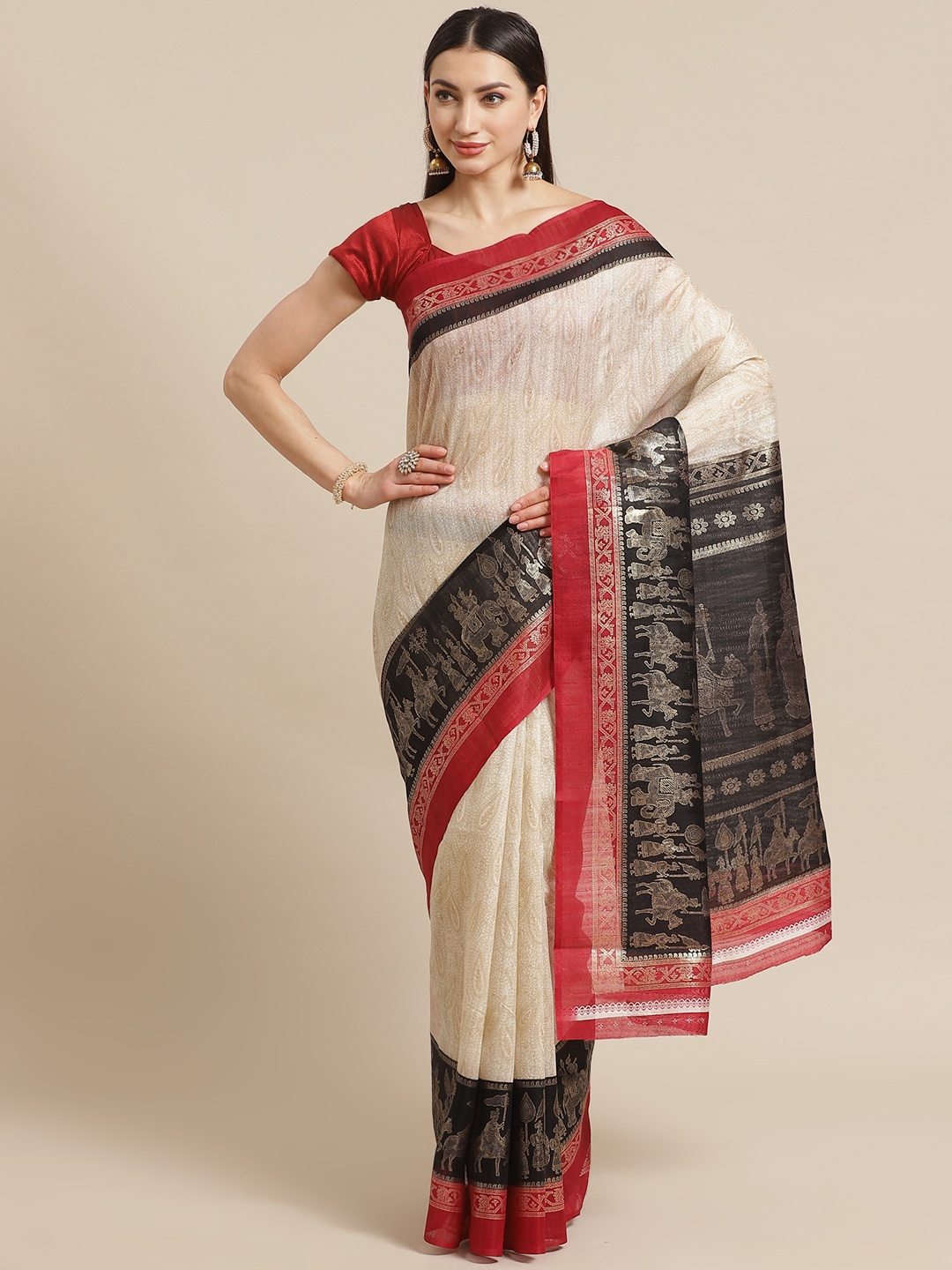 

KALINI Off-White & Golden Foil Print Printed Saree