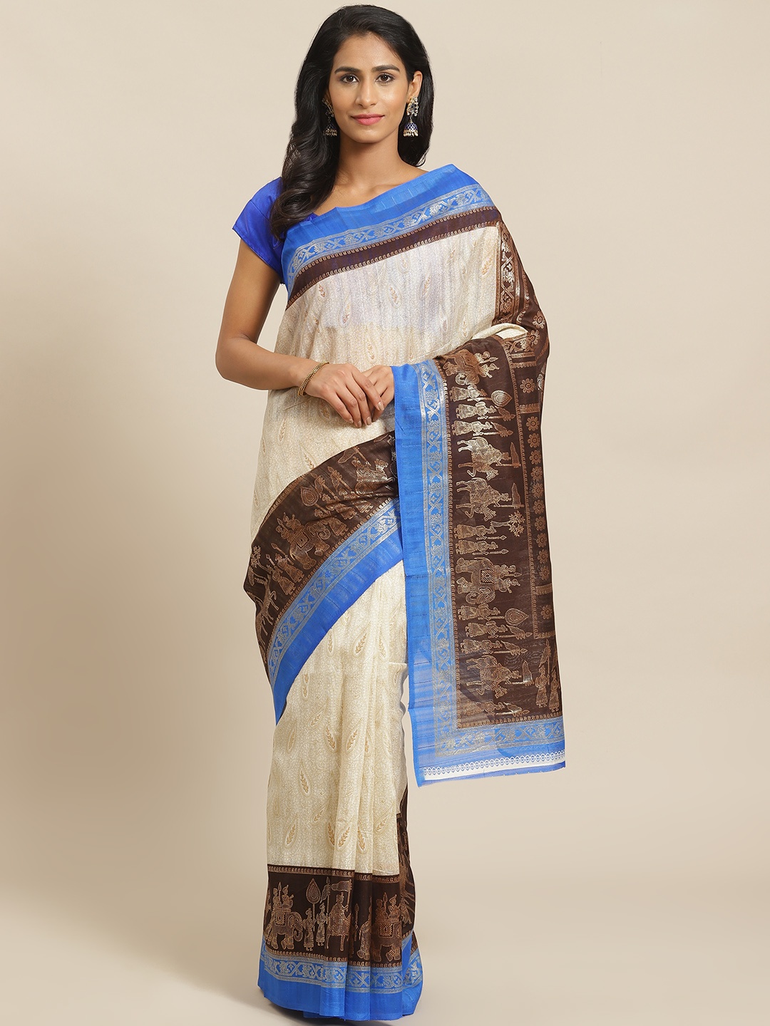 

KALINI White & Blue Bhagalpuri Paisley Foil Print Saree, Off white