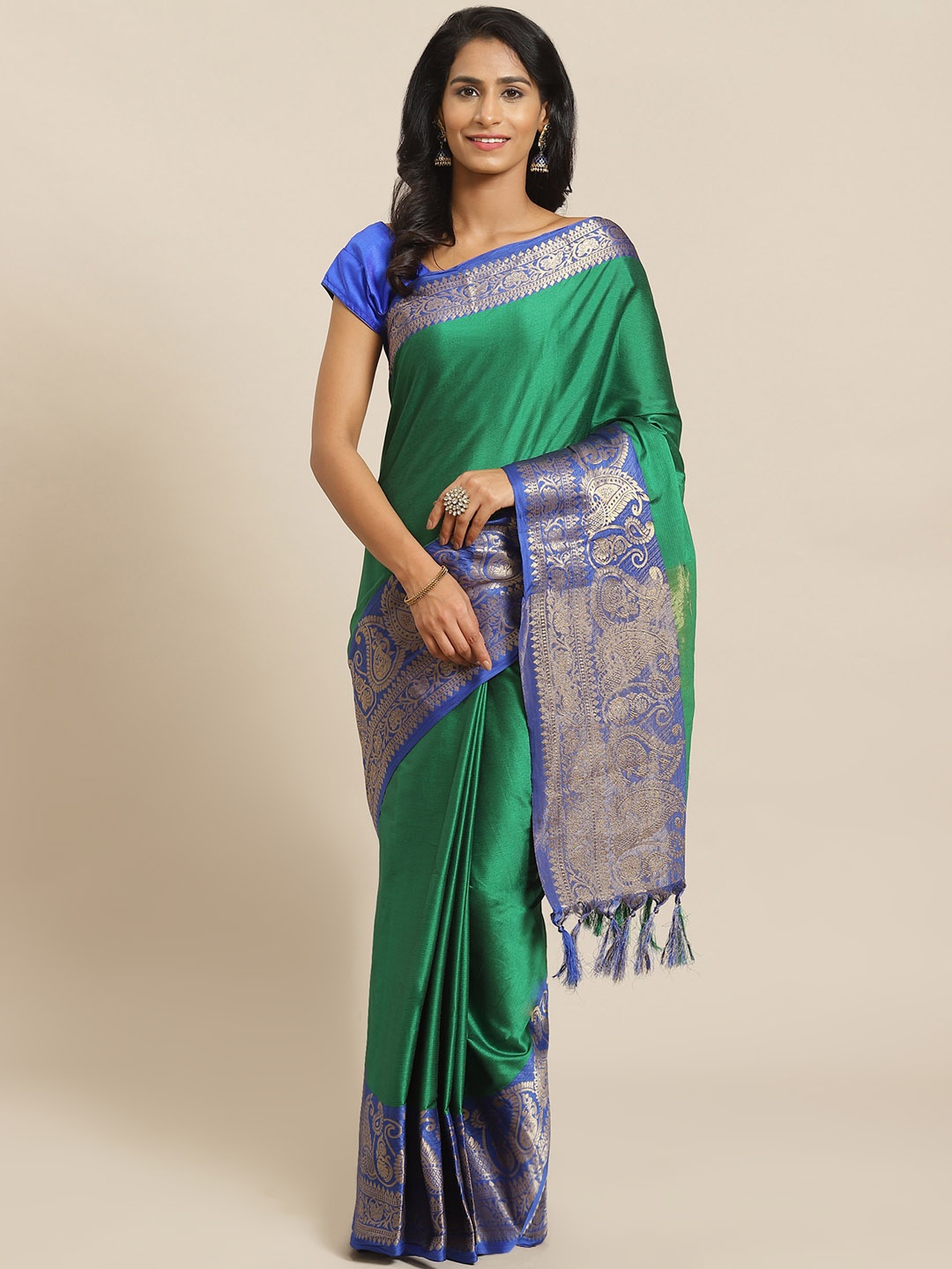 

Mitera Green & Blue Solid Banarasi Saree