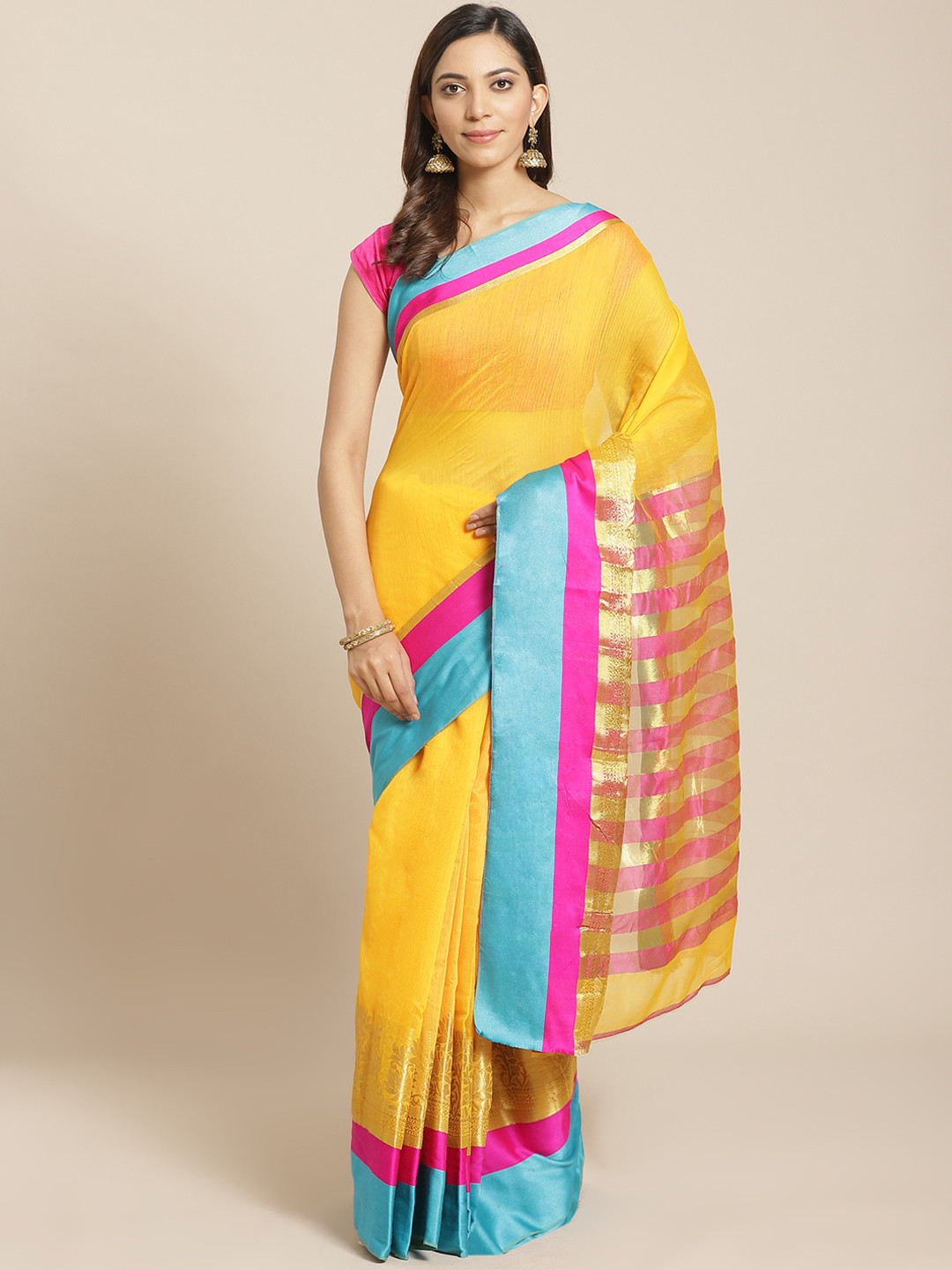 

Mitera Yellow Solid Saree