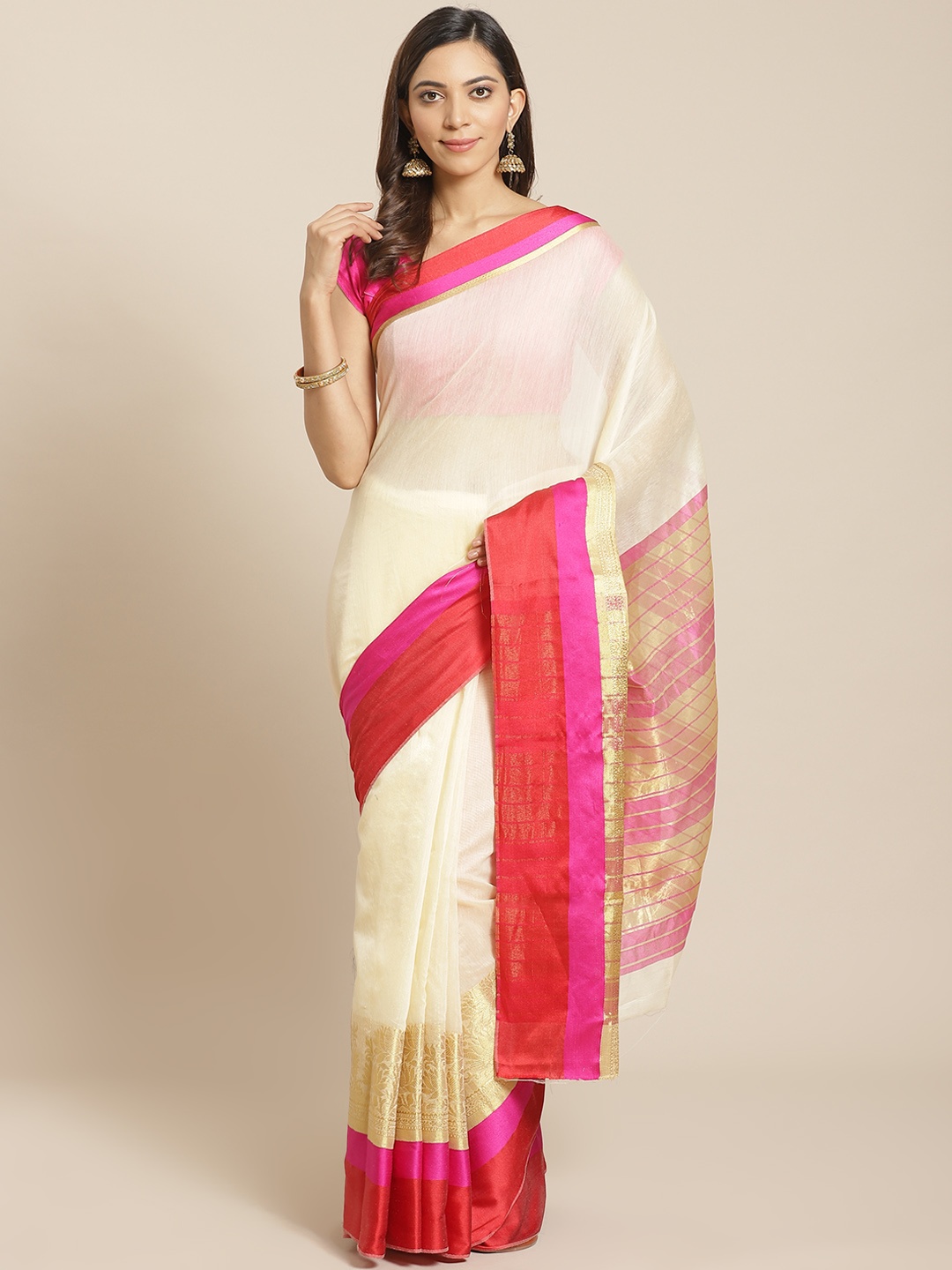 

Mitera Beige & Pink Solid Saree