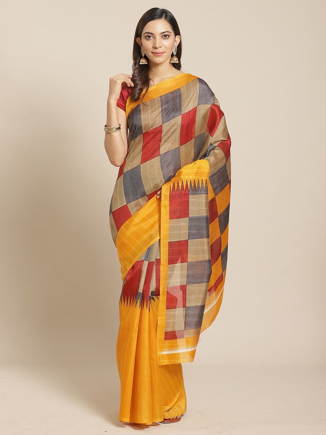

KALINI Yellow & Red Checked Block Print Saree