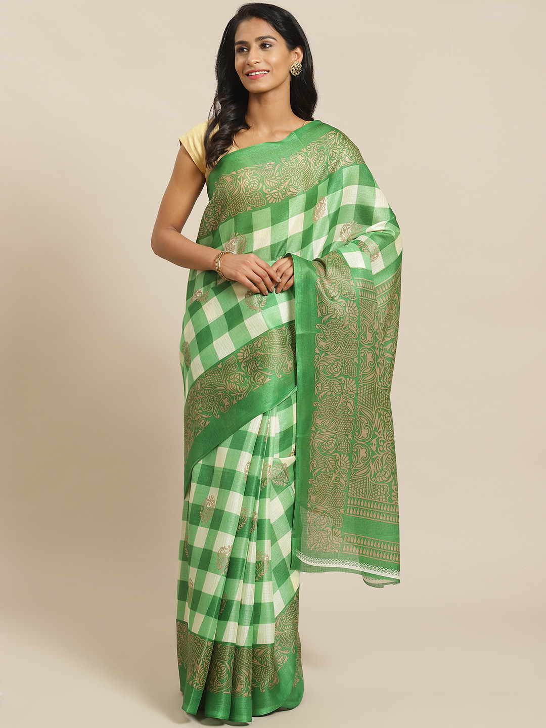 

KALINI Green & White Checked Saree