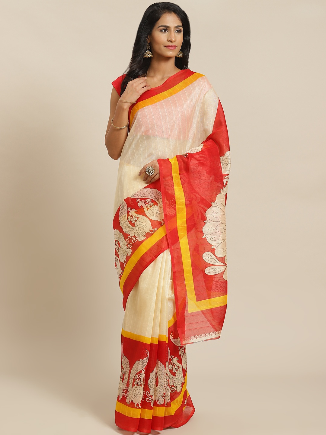 

KALINI Beige & Red Solid Bhagalpuri Saree