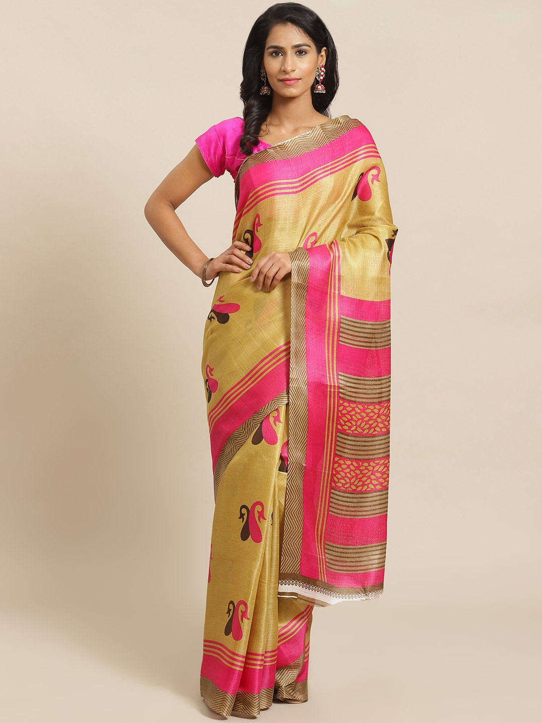 

KALINI Beige & Pink Paisley Print Saree