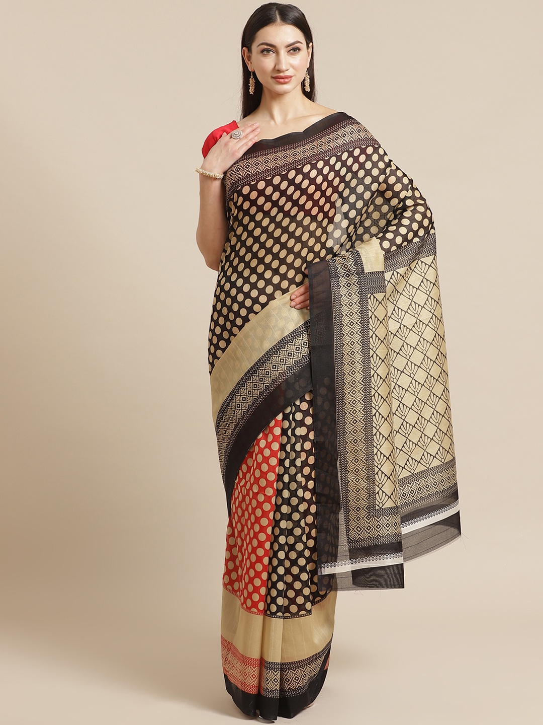 

KALINI Black & Beige Polka Dot Print Saree