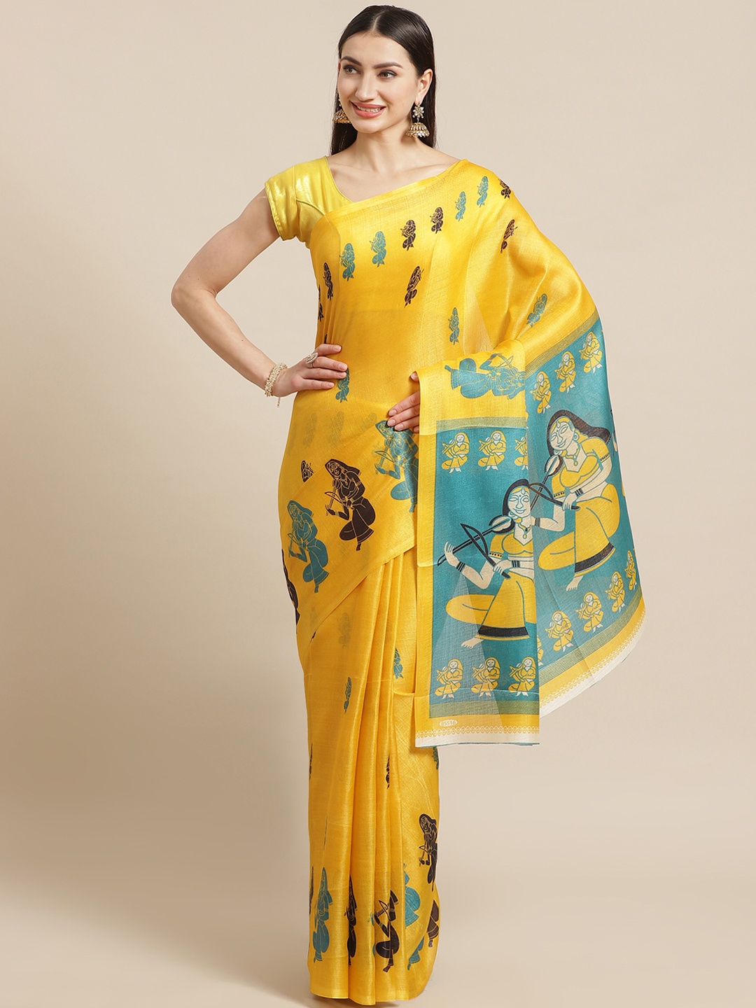 

KALINI Yellow & Teal Blue Printed Saree