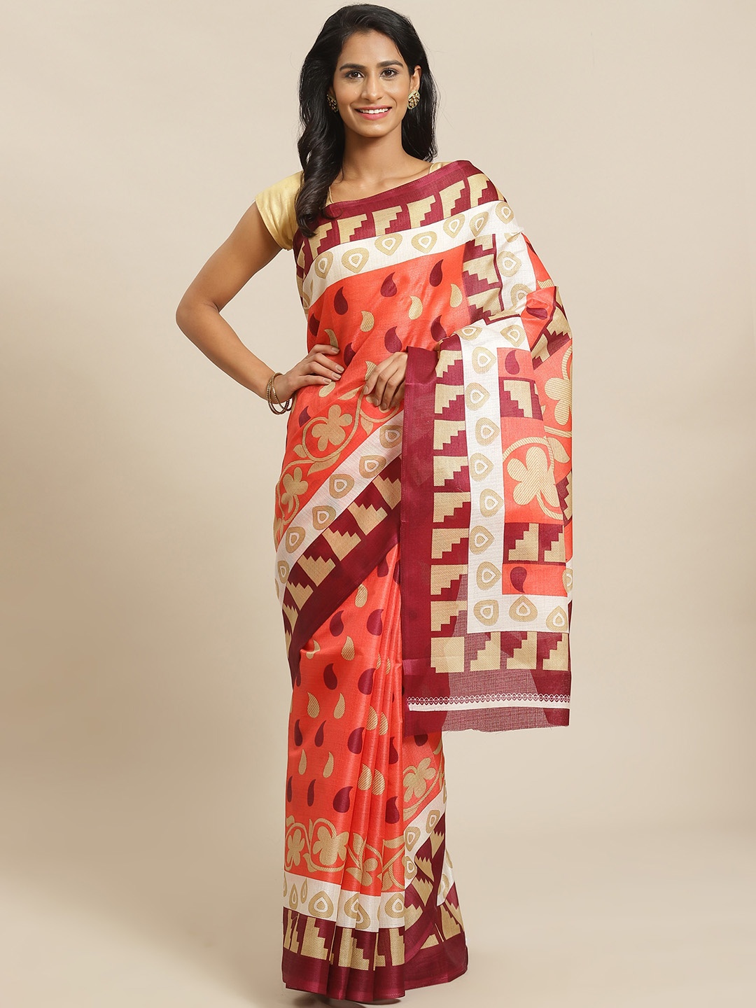 

KALINI Peach-Coloured & Maroon Printed Saree