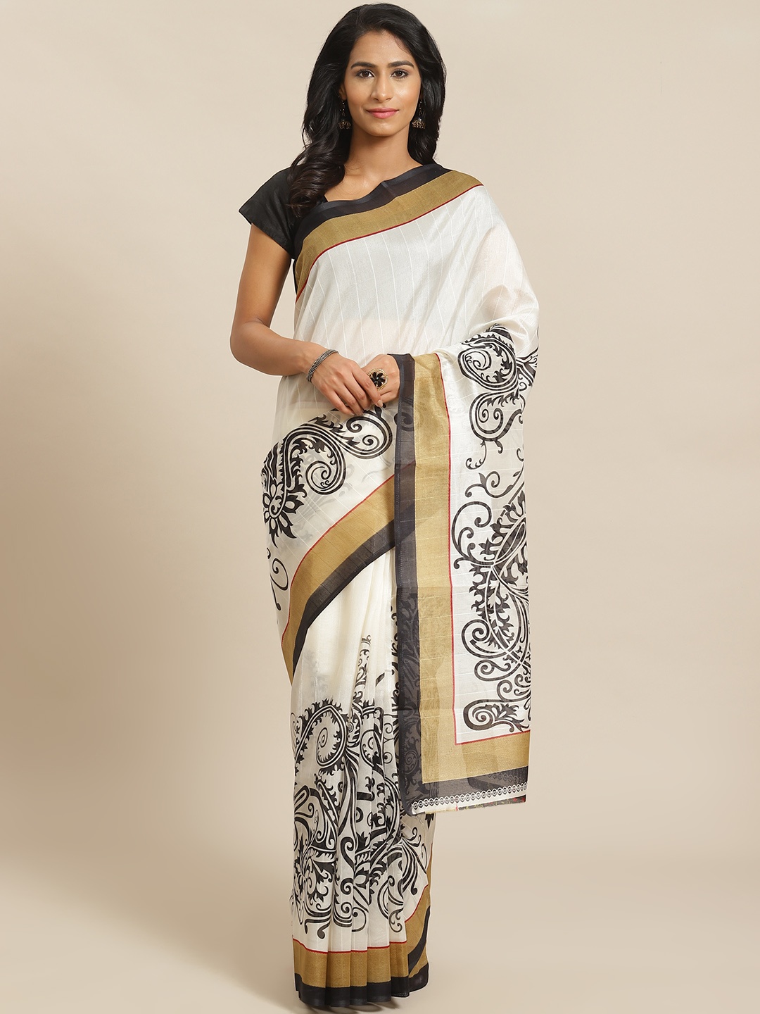 

KALINI Off-White & Black Printed Bhagalpuri Saree