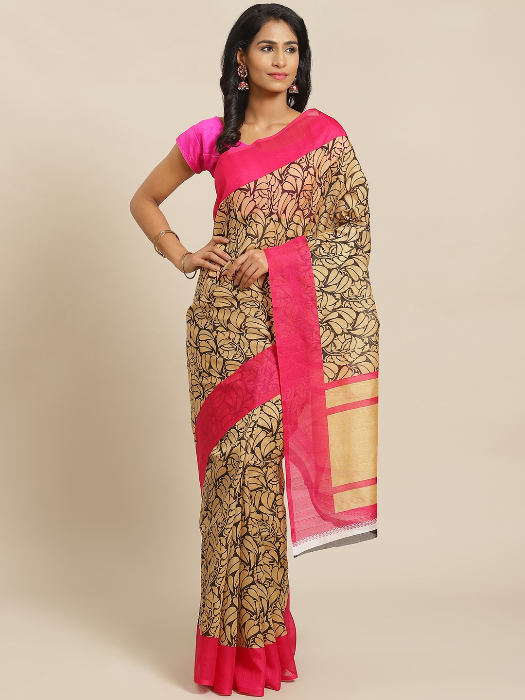 

KALINI Cream-Coloured & Charcoal Grey Printed Bhagalpuri Saree