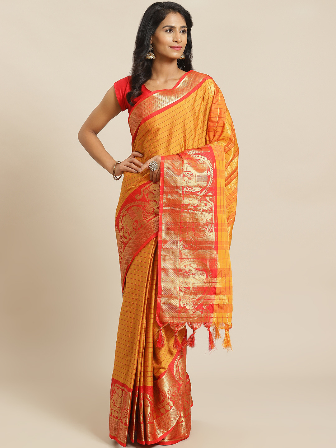

Mitera Orange Checked Banarasi Saree