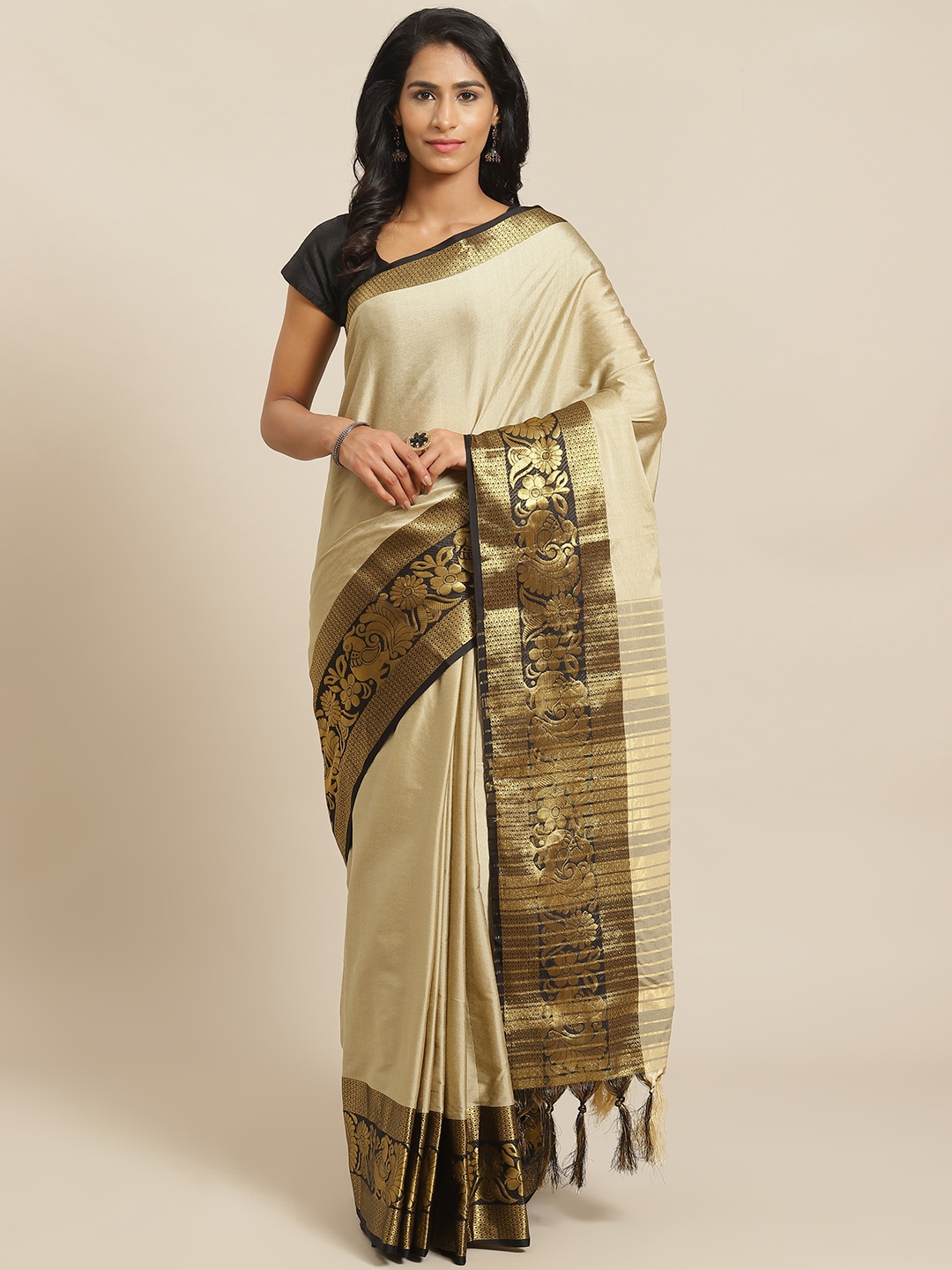 

Mitera Beige & Golden Solid Banarasi Saree