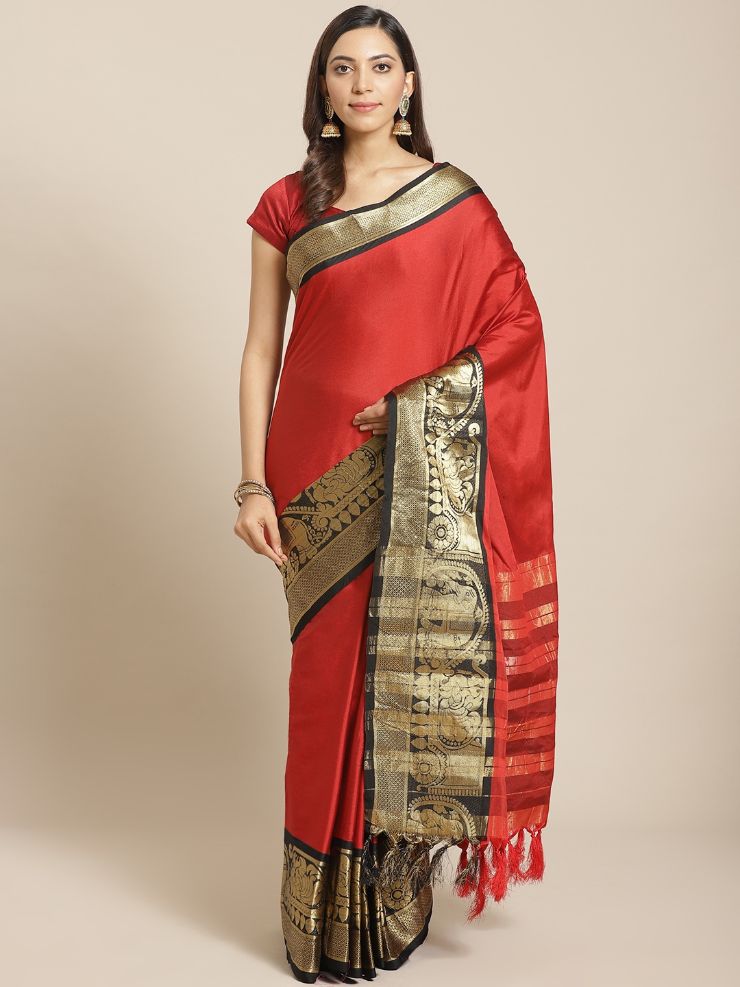 

Mitera Maroon & Golden Solid Banarasi Saree