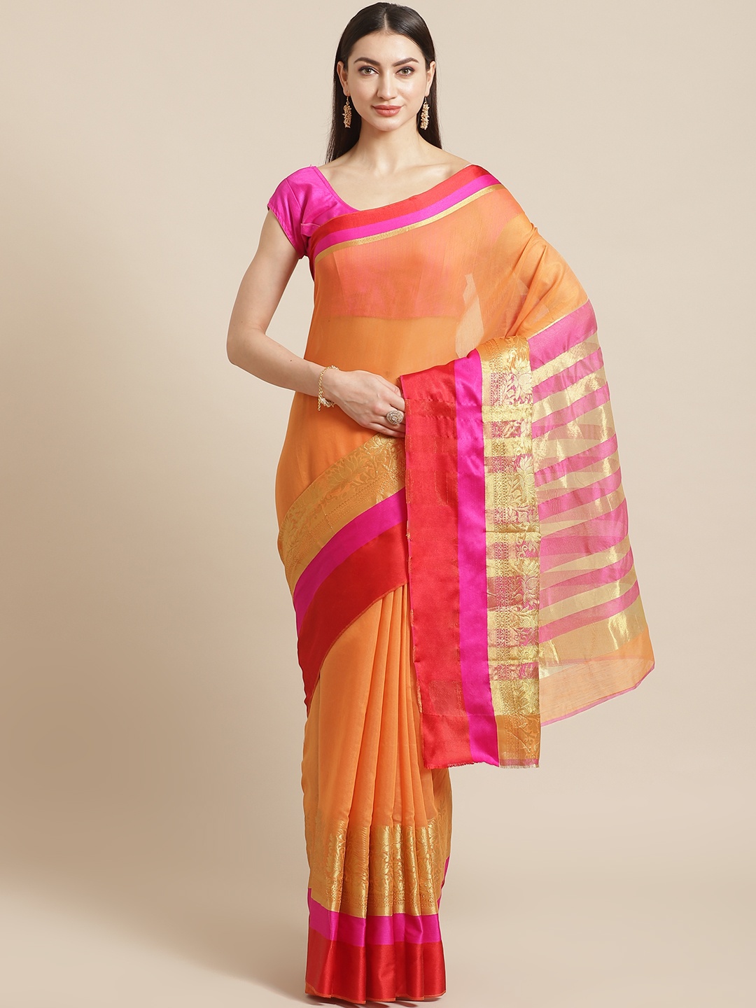 

Mitera Peach-coloured & Pink Solid Saree