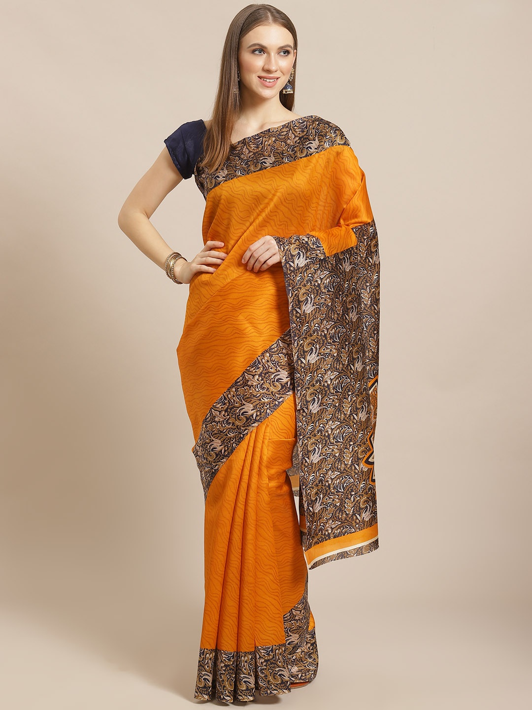 

KALINI Mustard Orange Kalamkari Print Saree