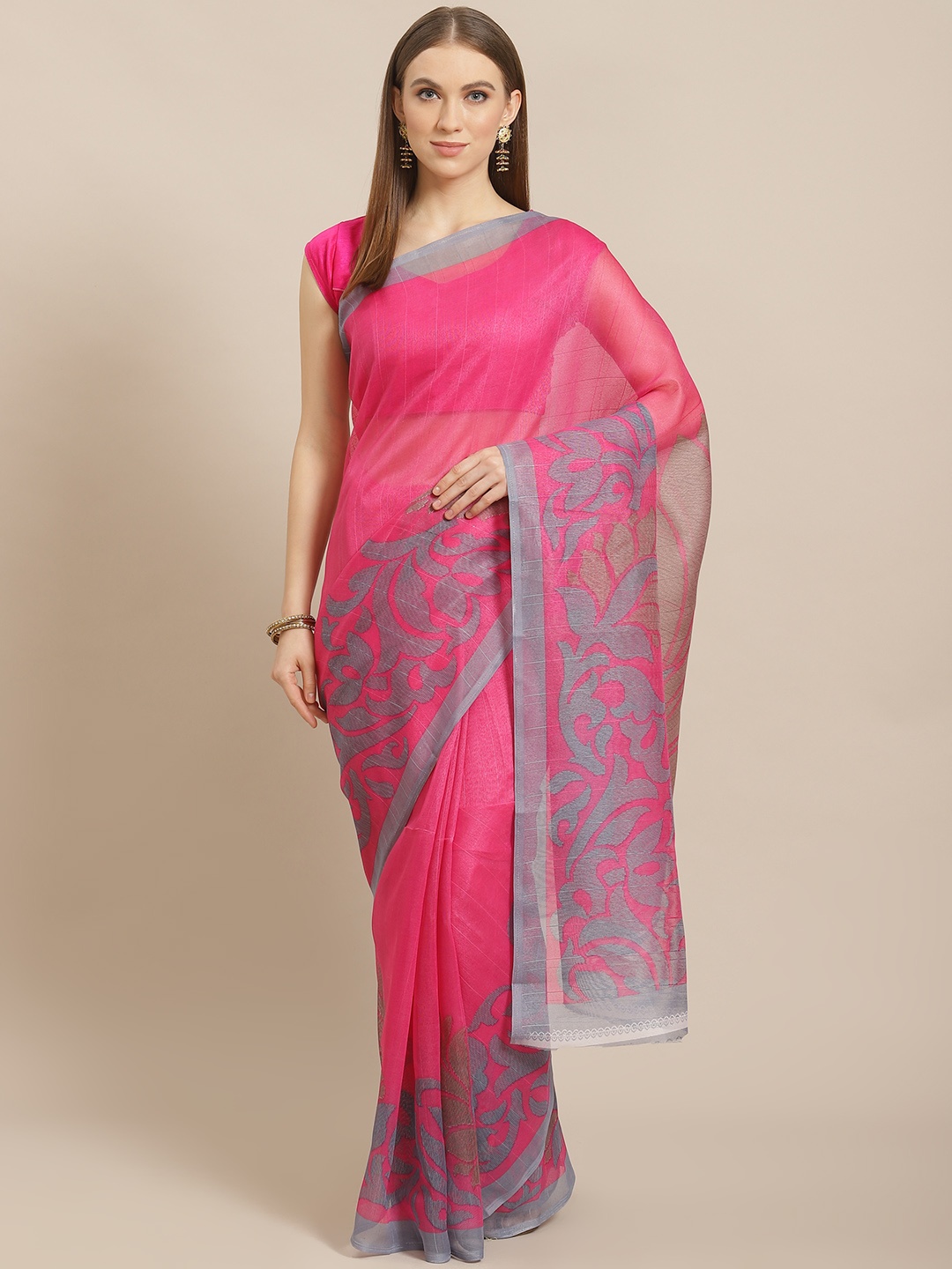 

KALINI Pink Solid Bhagalpuri Saree