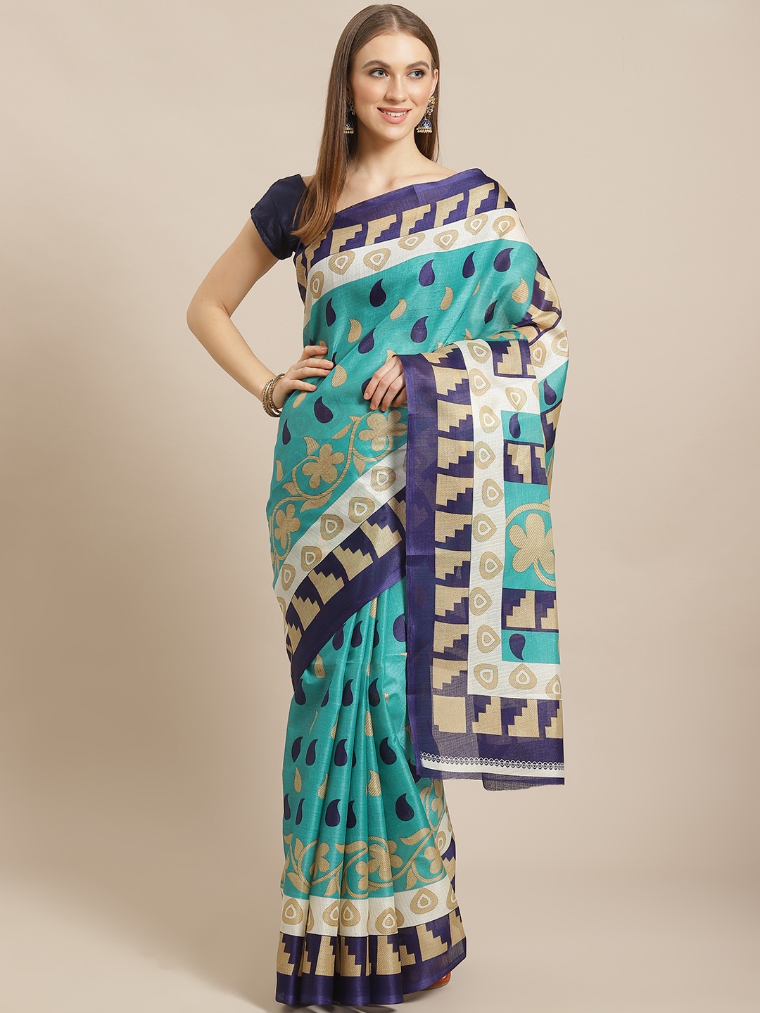 

KALINI Green & Navy Blue Printed Saree