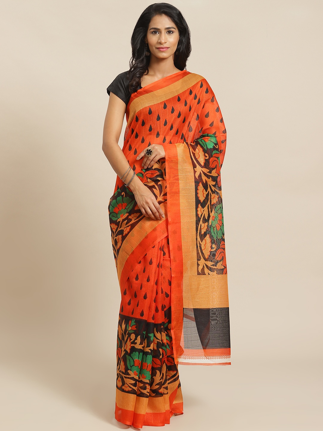 

KALINI Orange & Black Printed Kanjeevaram Saree