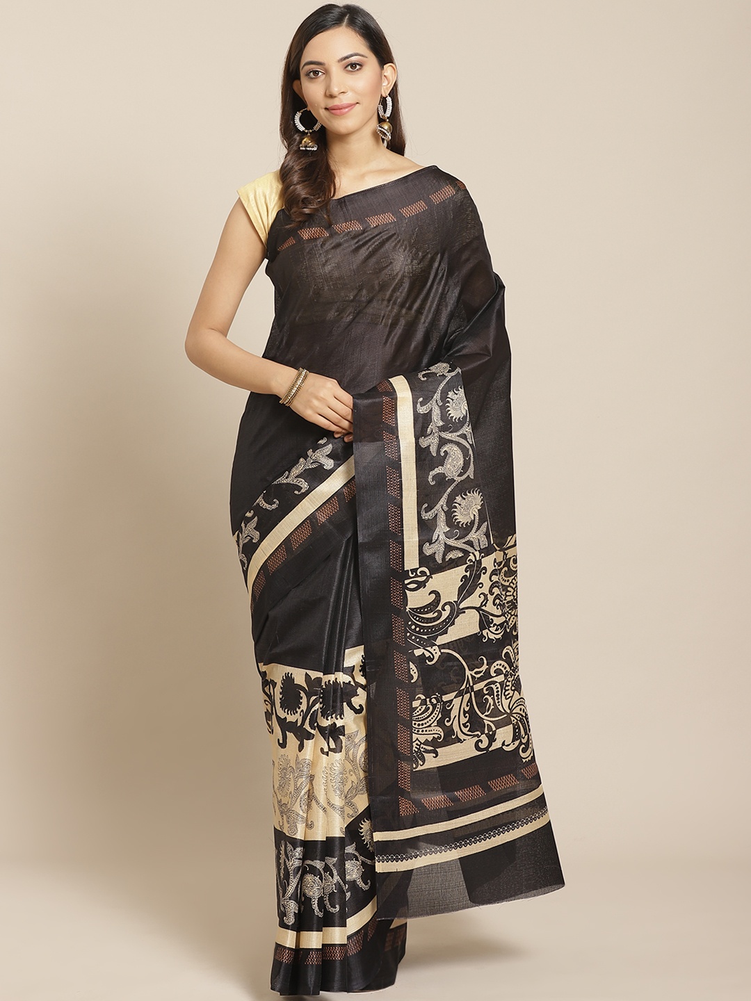 

KALINI Black & Off-White Pure Silk Printed Kanjeevaram Saree