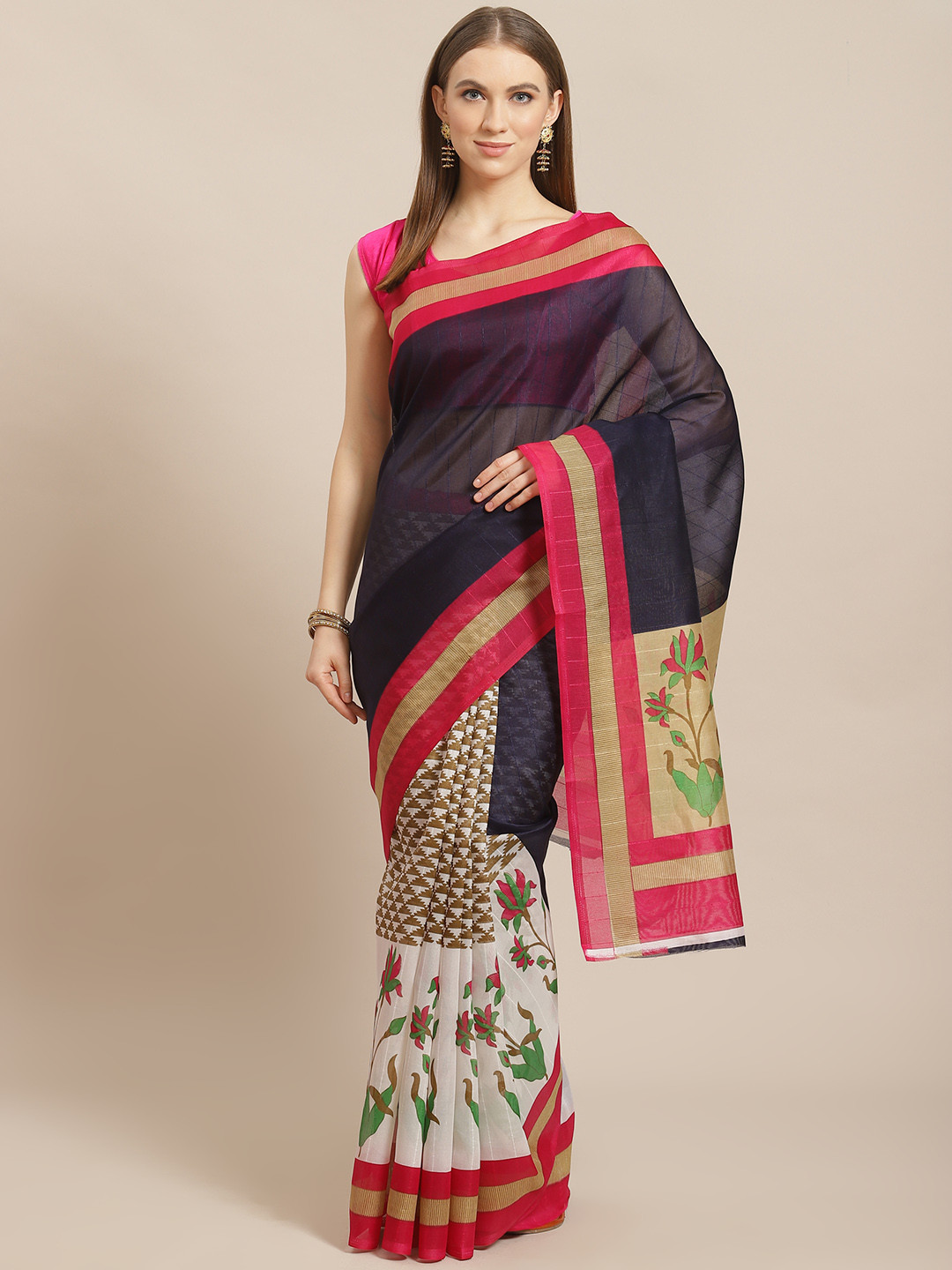 

KALINI Navy Blue & White Solid Half & Half Kanjeevaram Saree