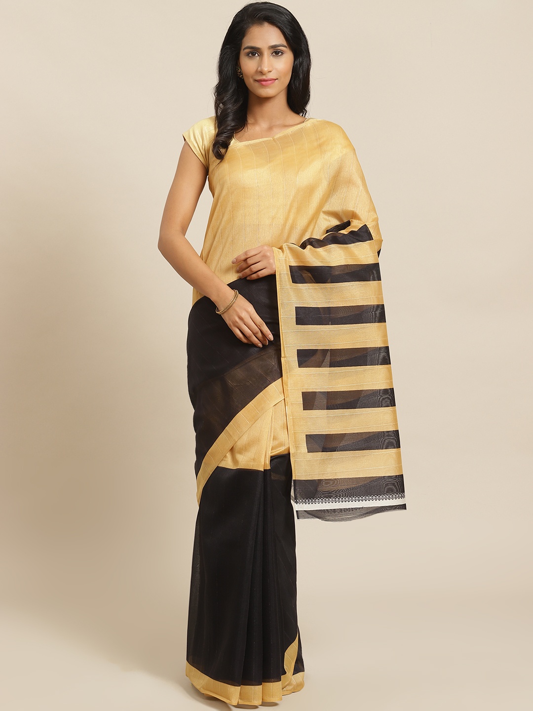 

KALINI Black & Beige Colourblocked Saree