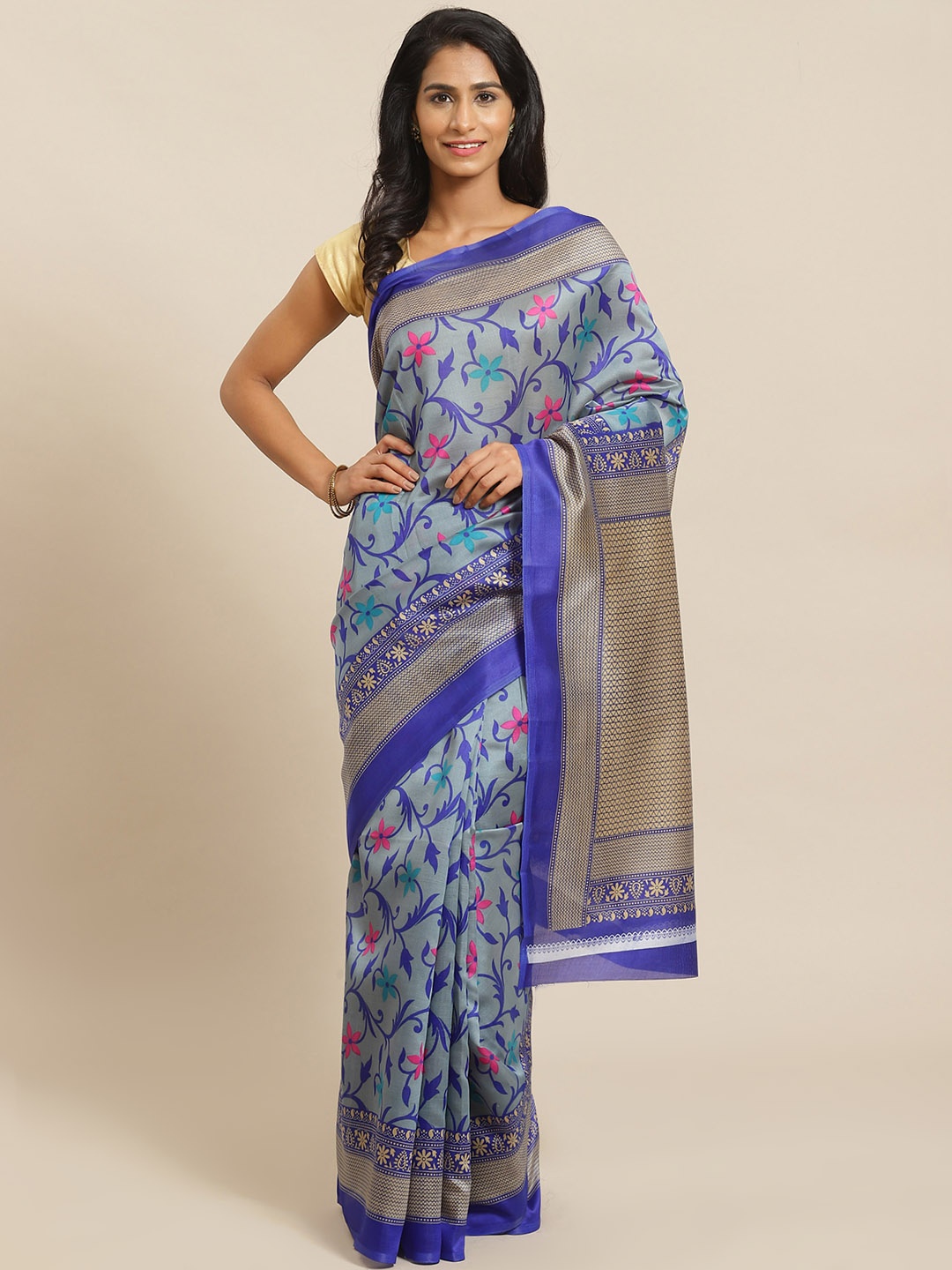 

KALINI Blue & Pink Printed Mysore Silk Saree