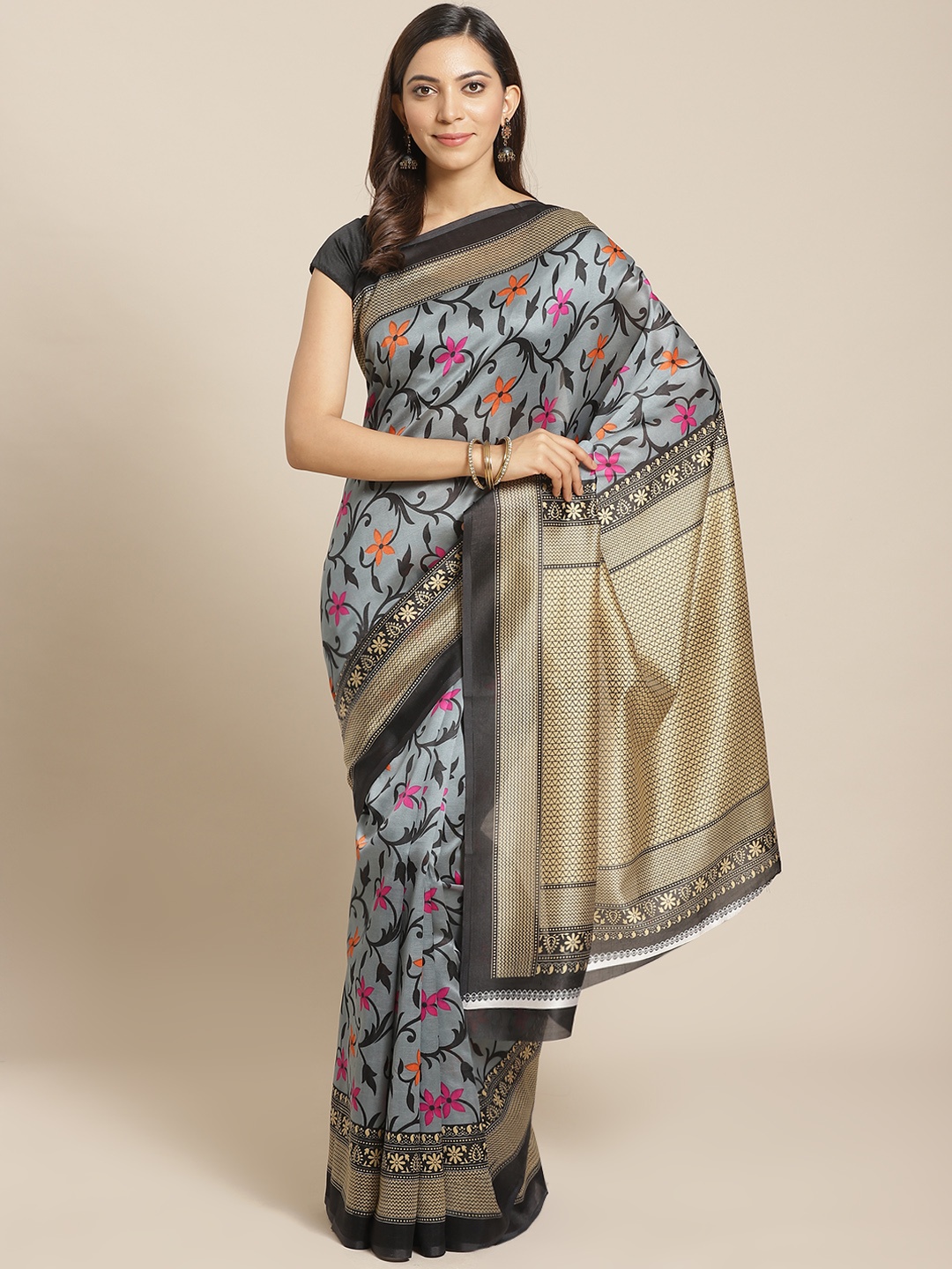 

KALINI Grey & Black Printed Mysore Silk Saree