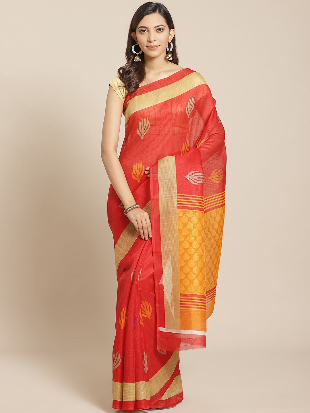 

KALINI Red & Beige Printed Kanjeevaram Saree