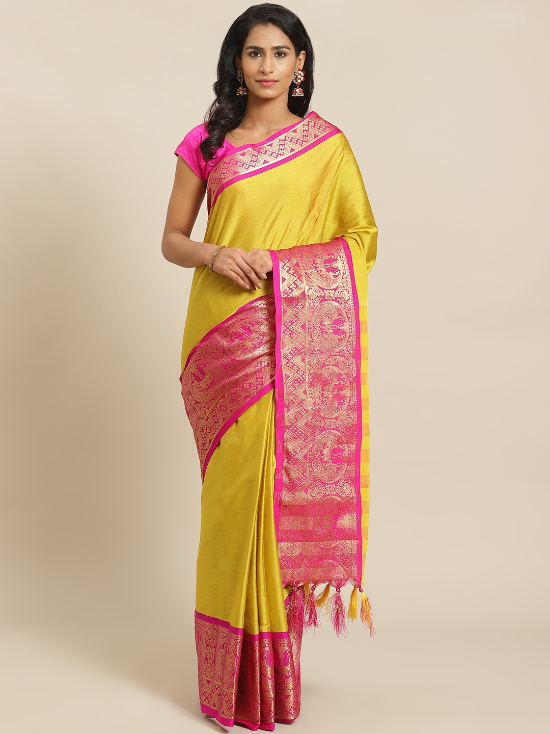 

Mitera Yellow Silk Blend Solid Banarasi Saree