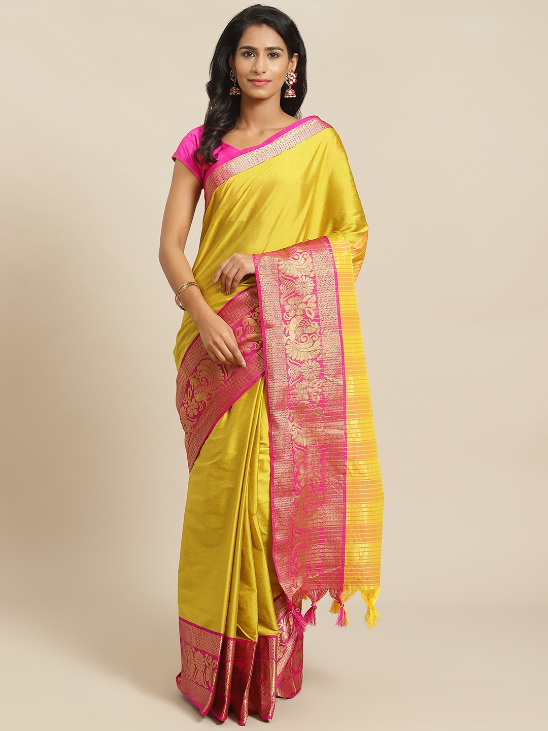 

Mitera Yellow & Pink Solid Banarasi Saree