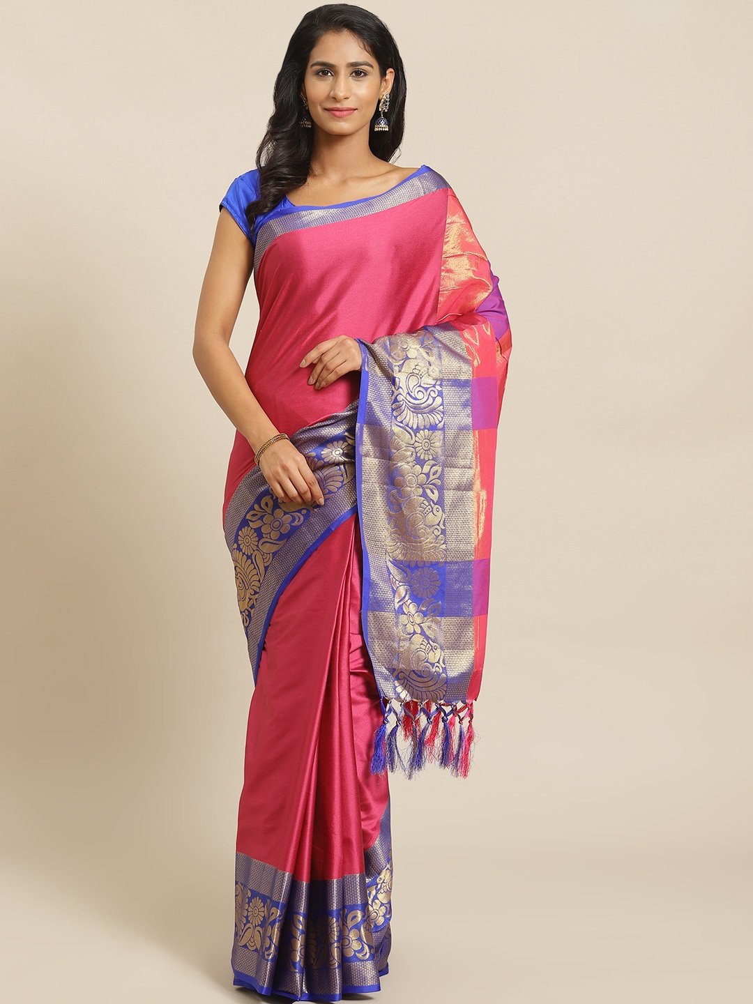 

Mitera Fuchsia & Blue Solid Banarasi Saree