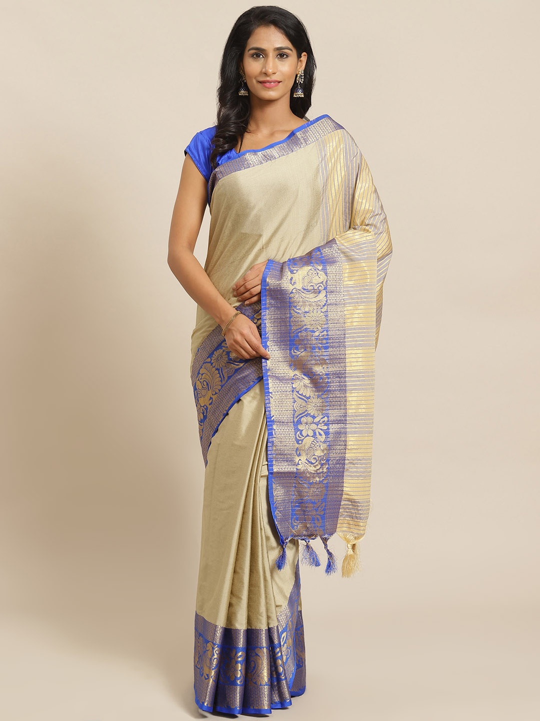 

Mitera Beige & Blue Solid Banarasi Saree