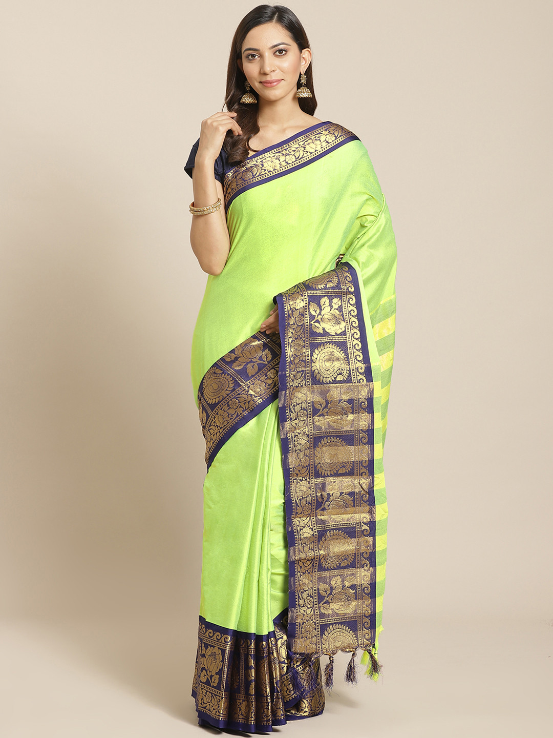 

Mitera Fluorescent Green & Blue Solid Banarasi Saree