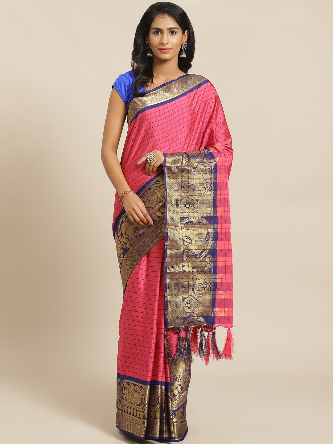 

Mitera Pink & Navy Blue Checked Banarasi Saree