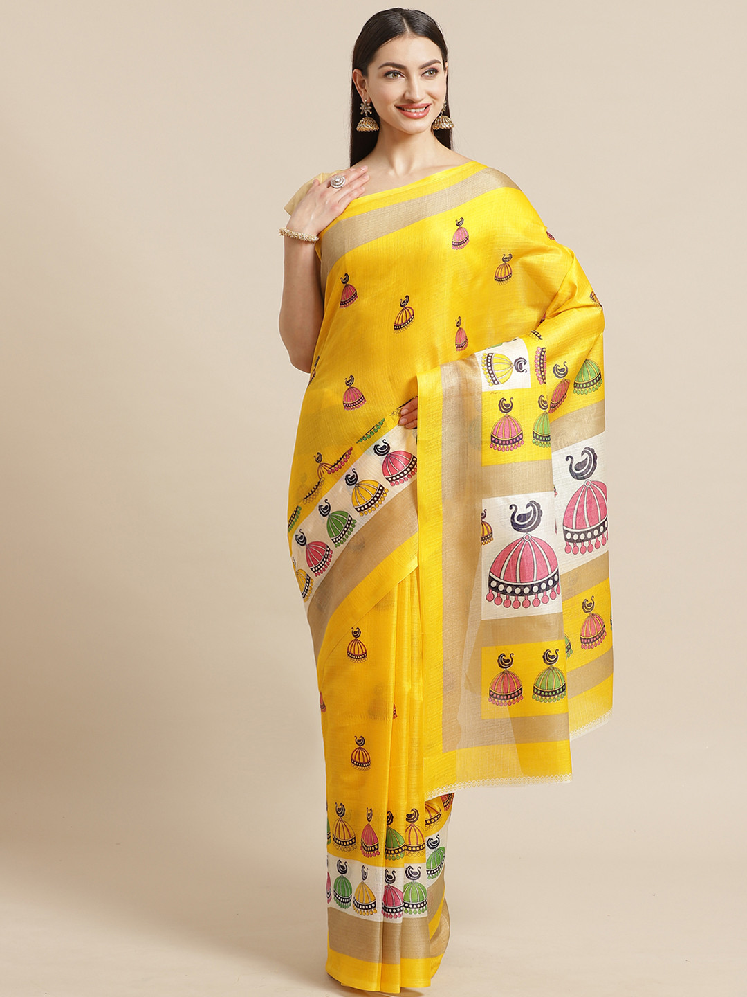 

KALINI Yellow & Pink Printed Saree